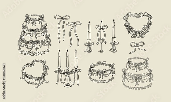 Fototapeta Set of various holiday cakes, candles and bows. Vector hand drawn elegant illustration in vintage sketch style. Cliparts for birthday, wedding valentines designs