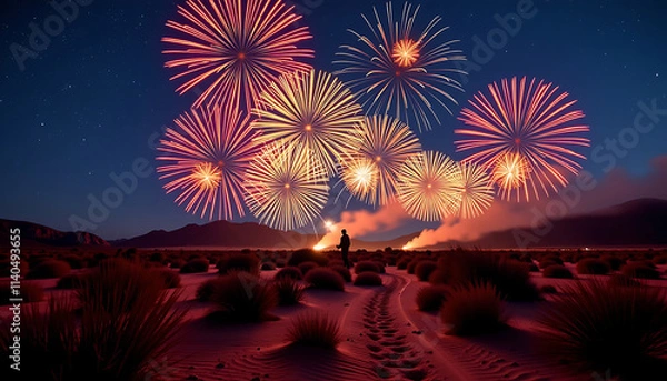 Fototapeta Fireworks Over the Desert - A vibrant display of fireworks over a serene desert landscape. background copyspace
