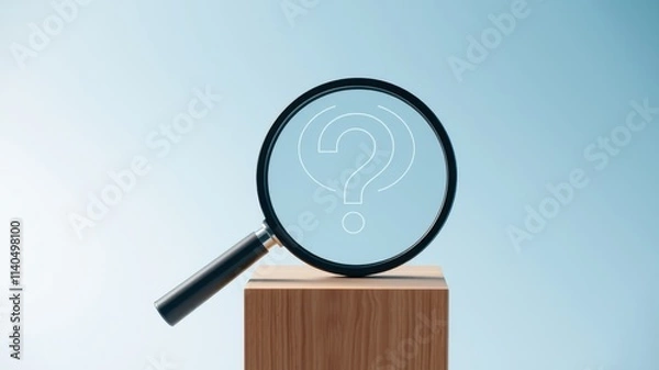 Fototapeta Magnifying Glass on Wooden Block Shows Question Mark, Seeking Answers and Solutions