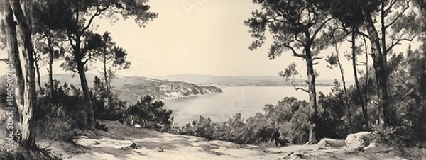 Fototapeta An engraving of the view from high above Fowey Bay in Cornwall, set against an English landscape with trees and hills.