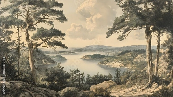 Fototapeta An engraving of the view from high above Fowey Bay in Cornwall, set against an English landscape with trees and hills.