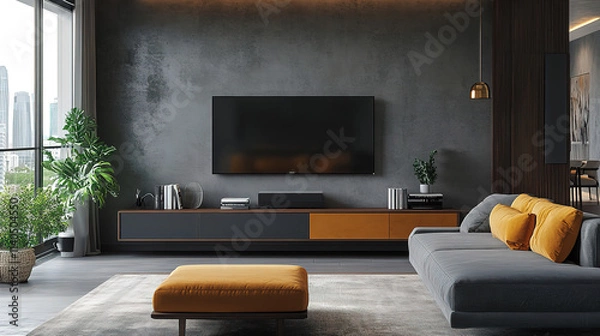 Fototapeta Elegant and minimalist home decor with a grey sofa and a practical TV unit arrangement