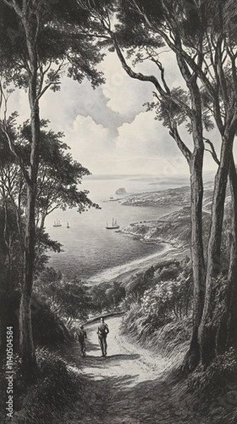 Fototapeta An engraving of the view from high above Fowey Bay in Cornwall, set against an English landscape with trees and hills.