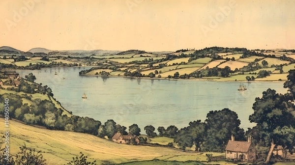 Fototapeta An engraving of the view from high above Fowey Bay in Cornwall, set against an English landscape with trees and hills.