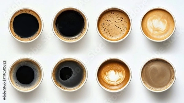 Obraz Overhead view of multiple black coffee takeout cups arranged on a white surface.