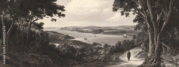Fototapeta An engraving of the view from high above Fowey Bay in Cornwall, set against an English landscape with trees and hills.