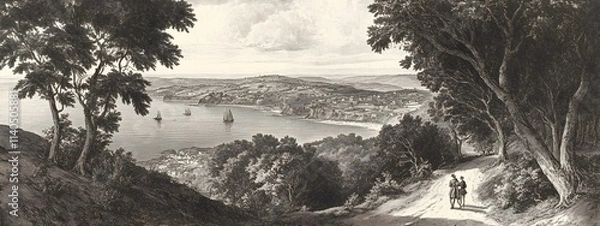Fototapeta An engraving of the view from high above Fowey Bay in Cornwall, set against an English landscape with trees and hills.