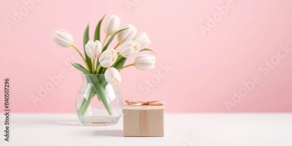Fototapeta A delicate bouquet of pale tulips in a glass vase and a small gift box with a beige ribbon, sitting on a white surface against a soft pink background.
