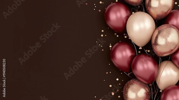 Fototapeta Abstract background with realistic balloons and empty space for text, dark brown and burgundy colors, golden pink colors, metallic. birthday party decoration, mockup design template 