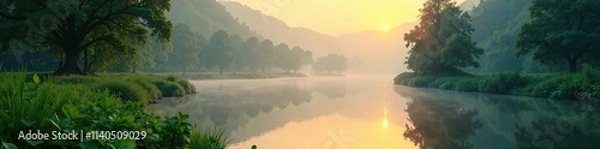 Fototapeta Misty dawn river scene with lush green vegetation and serene water reflection, serenity, calm, mist