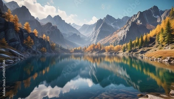 Fototapeta Panoramic view of a serene lake in the mountains , reflection, scenery