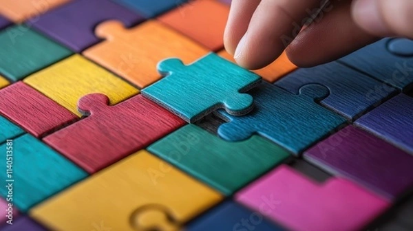 Fototapeta Risk analysis method. A hand placing a colorful puzzle piece into a vibrant jigsaw puzzle.