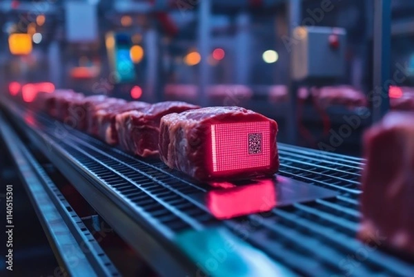 Fototapeta Automated meat processing industrial facility production line high-tech environment close-up view quality control concept