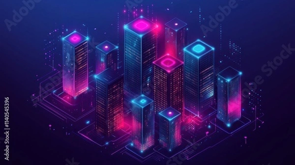 Obraz A vibrant digital cityscape with glowing skyscrapers and futuristic elements.