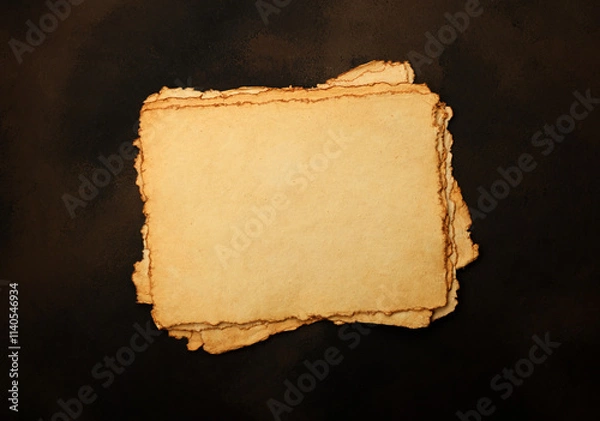 Obraz Close up stack of several blank old antique vintage brown paper parchment sheets with aged and weathered edges over dark table background