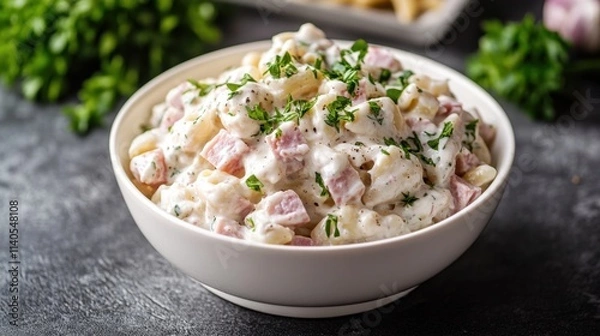 Fototapeta Creamy Pasta Salad with Fresh Herbs and Diced Ham Topped with Parsley