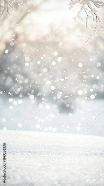 Fototapeta Soft snow fall with bokeh lights on white vertical background for winter scenery