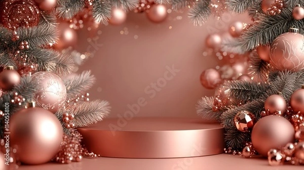 Fototapeta 3D pink Render Christmas product podium with Christmas Trees, and Gift Boxes background template