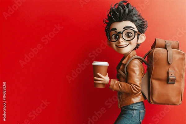 Fototapeta A cheerful young cartoon-style man holding a coffee cup with a backpack, standing against a bold red background. A vibrant concept for travel, lifestyle, or coffee themes.