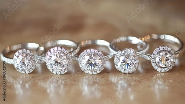 Fototapeta A collection of elegant diamond rings displayed in a row, showcasing their intricate designs.