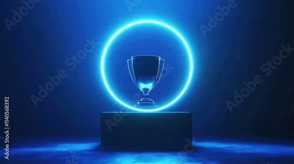 Fototapeta Futuristic trophy on dark pedestal, illuminated by neon circle.