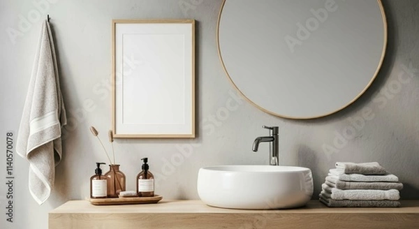Obraz An interior bathroom with blank rectangular photo frames on the wall 3d illustration mock-up template.