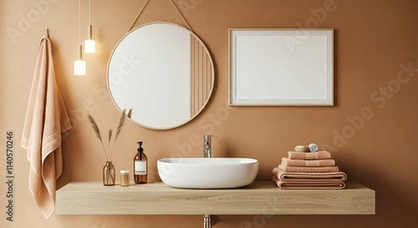 Obraz An interior bathroom with blank rectangular photo frames on the wall 3d illustration mock-up template.