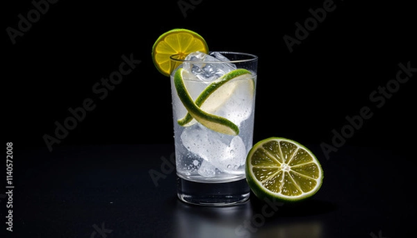 Fototapeta A refreshing gin and tonic cocktail on a dizzy glass. beverages with lime, lemon, and ice in glasses.