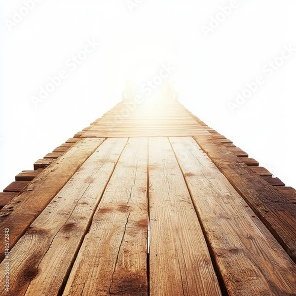 Fototapeta A long wooden pathway leading towards a bright, glowing light, creating an inviting and ethereal atmosphere.