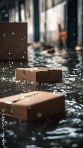 Fototapeta Cardboard boxes floating in a flooded warehouse