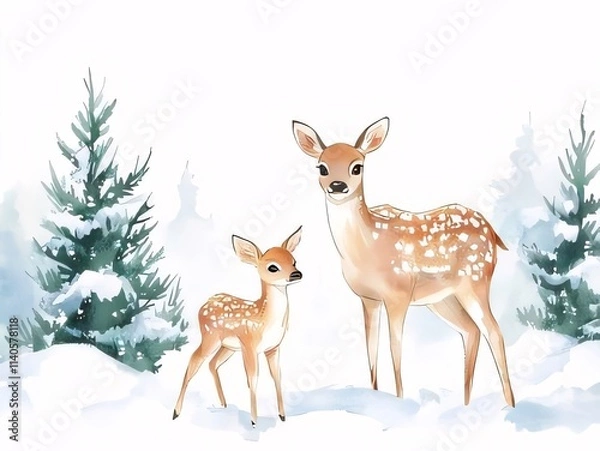 Obraz Watercolor painting of a mother and baby deer in a snowy winter forest.