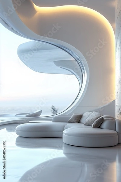 Fototapeta Modern minimalist interiors with reflective surfaces, curved ergonomic furniture, and natural eco-conscious elements evoke futuristic design focused on harmony and simplicity.