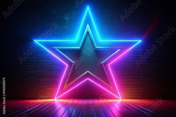 Fototapeta Neon Star 3D Render: Minimalist Geometric Wallpaper, Abstract Background, Colorful Glowing Star