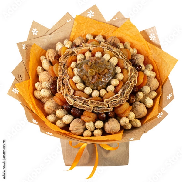 Fototapeta Dried Fruit and Nut Bouquet with Orange Wrapping, isolated on white background