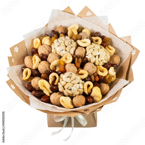 Fototapeta Nut and Dried Fruit Bouquet in Rustic Style, isolated on white background