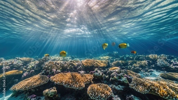 Fototapeta Vibrant 3D Underwater Scene with Marine Life, Coral Reefs, and Sunlight Rays