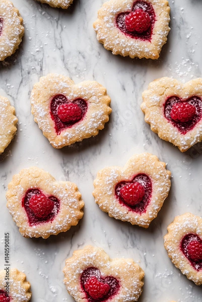 Fototapeta Raspberry and Vanilla Heart-Shaped Cookies with Raspberry Jam on Marble Countertop