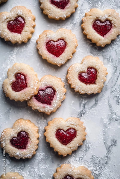 Fototapeta Raspberry and Vanilla Heart-Shaped Cookies with Raspberry Jam on Marble Countertop