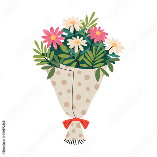 Obraz Bright bouquet with flowers. White and pink daisies. Happy Valentine's Day greeting card. Beautiful bouquet in wrapping paper, tied with red ribbon with bow.