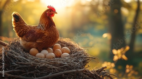 Fototapeta Hen sitting on eggs in nest at sunset in a farm