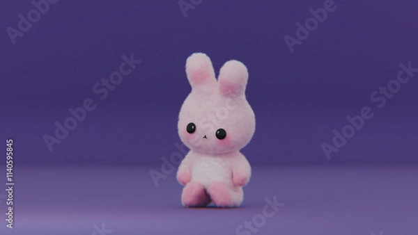 Obraz Cute little chibi bunny. Little pink rabbit. Copyspace background. 3d render, 3d illustration.