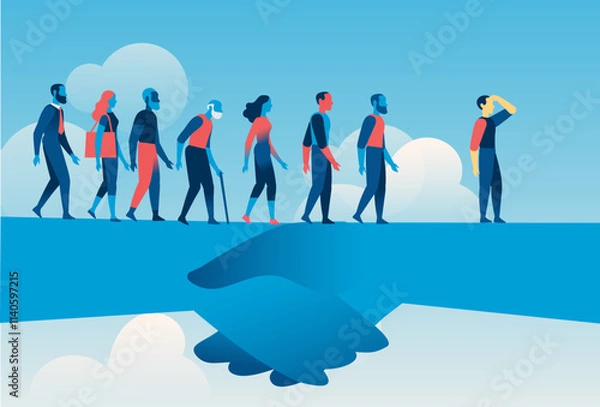Fototapeta A line of diverse people walks across a large helping hand against a blue sky background, symbolizing support, guidance, and transition.