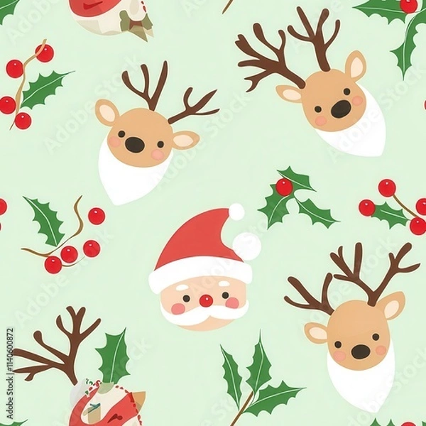 Fototapeta Gift wrap and christmas of Festive Christmas pattern with Santa, reindeer, and holly leaves on a mint green background.