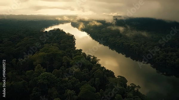 Fototapeta Serene sunrise over Amazon rainforest river tranquil, misty atmosphere