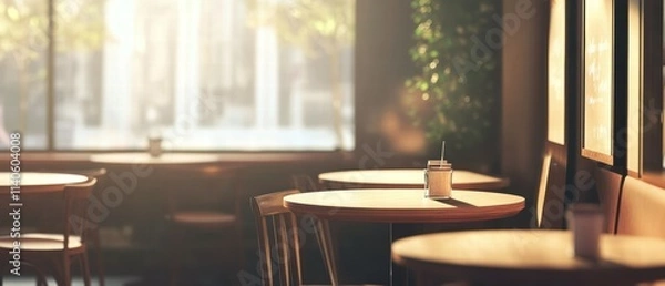 Obraz Serene coffee shop interior with empty tables urban setting cozy atmosphere warm light