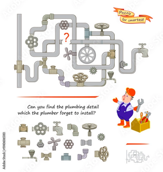 Fototapeta Logic puzzle for smartest. Can you find the plumbing detail which the plumber forget to install? Educational game. Page for kids brain teaser book. Task for attentiveness. Flat vector illustration.