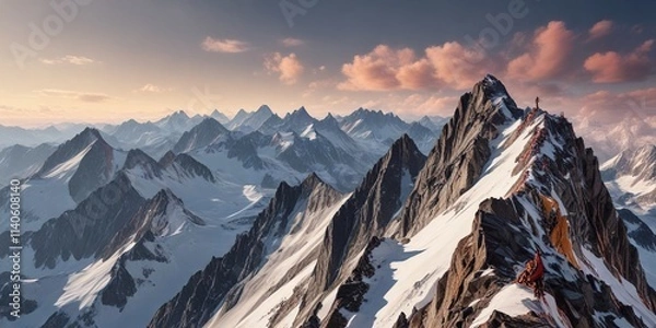 Fototapeta Panoramic view of alpinista on rocky summit ridge of Joderhorn , montagne, Macugnaga