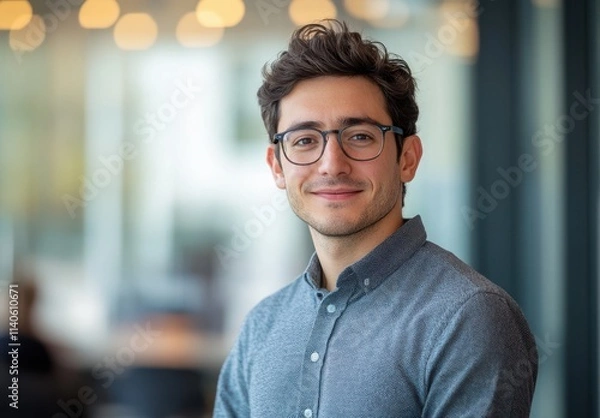 Obraz Young man with glasses smiling confidently in modern office environment with blurred background and warm bokeh lighting highlighting professional atmosphere
