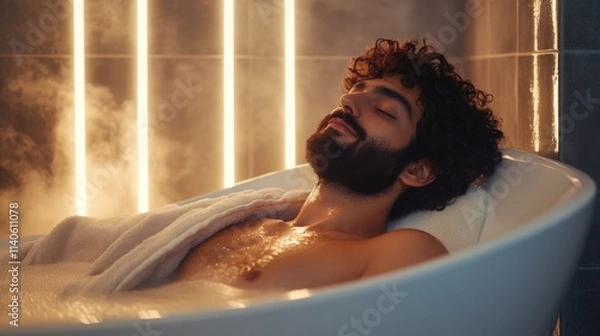 Fototapeta man relaxing in a bathtub with bubbles and steam