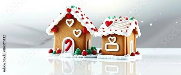 Obraz Photo of a gingerbread house with a heart-shaped window, surrounded by two Christmas trees, one decorated with red and green ornaments and the other with red and white polka dots, snow on the ground, 